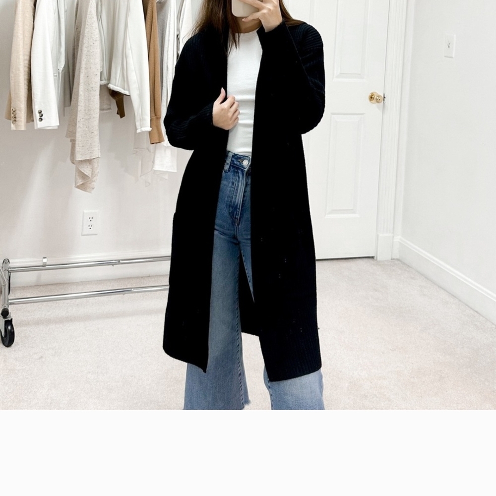 Athleta Long Black Open-Front Ribbed Cardigan